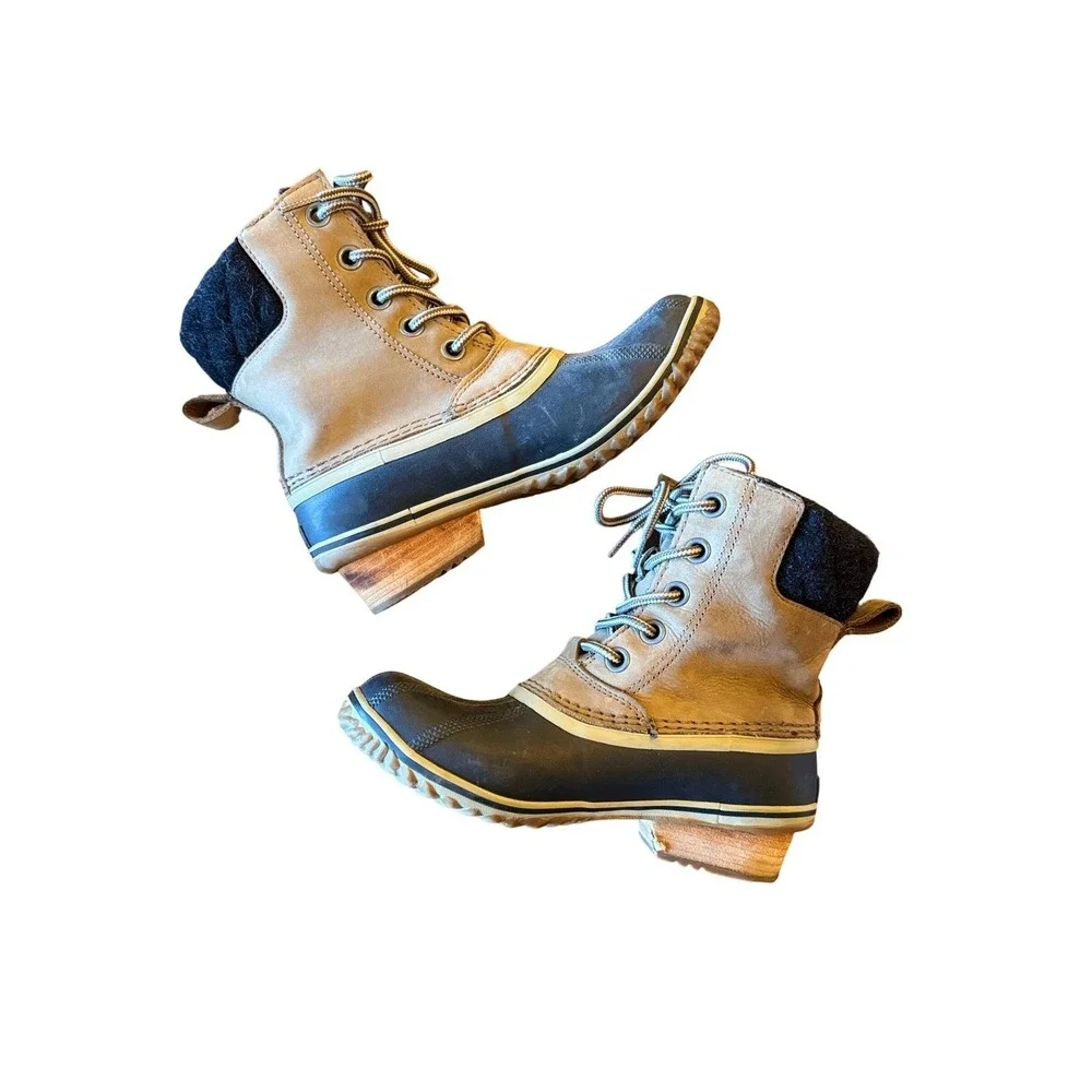 Sorel Womens Slimpack II Lace Duck Boots 7.5 Elk Tan Black Waterproof NL3058-245